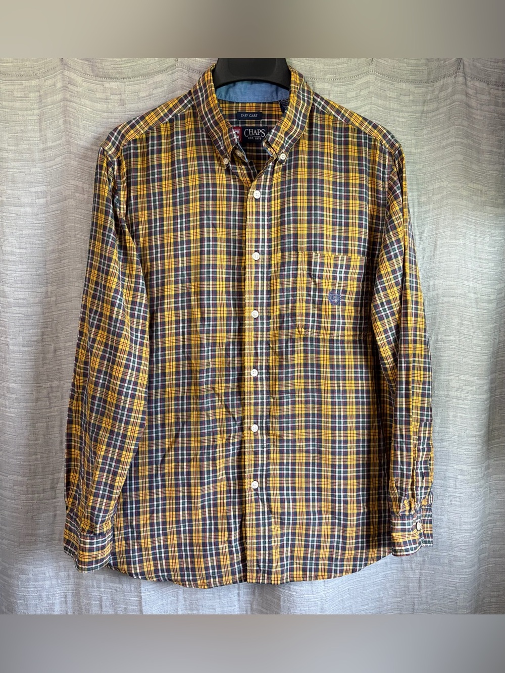 Chaps Men's Yellow and Blue Plaid Button-Down Shirt - large